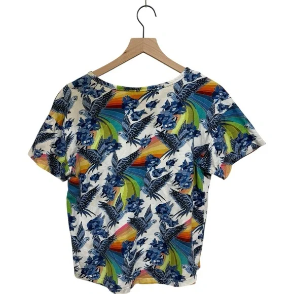 Farm Rio for Anthropologie Aves Graphic Tee Rainbow Bird Floral Top Size L - Picture 4 of 9